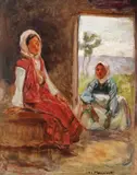 Femei în pridvor by Nicolae Vermont, ulei pe carton, sold Oct 2019