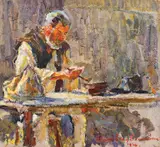 La o ciorbă by Rudolf Schweitzer–Cumpăna, 1926, ulei pe carton, sold Oct 2019