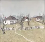 Satul copilăriei by Constantin Piliuță, 1993, ulei pe carton, sold Oct 2019
