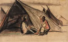 Doi corturari by Corneliu Baba, cărbune și creioane colorate pe hârtie, sold Oct 2019
