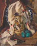 Natură statică cu ștergar, pipă și canceu transilvănean by Leon Biju, ulei pe carton, sold Oct 2019