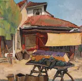 Curte la Balcic by Leon Biju, ulei pe carton, sold Oct 2019