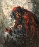 Fumătoarea de pipă by Octav Băncilă, 1913, ulei pe pânză, sold Oct 2019