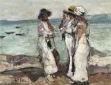 Femei la malul mării by Gheorghe Petrașcu, ulei pe lemn, sold Oct 2019