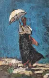 Femeie cu umbrelă by Gheorghe Petrașcu, ulei pe lemn, sold Oct 2019