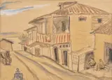 Theodor Pallady, Case la Turtucaia, acuarelă, creion și accente de ulei și guașă pe hârtie