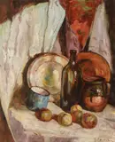 Natură statică cu vase și fructe by Nicolae Enea, ulei pe carton, sold Oct 2019