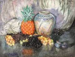 Natură statică cu ananas și struguri by Mihail Simonidy, 1930, ulei pe pânză, sold Oct 2019