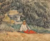 Țărăncuță în iarbă by Rodica Maniu, acuarelă și creion pe hârtie lipită pe carton, sold Oct 2019