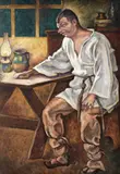 Țăran la lumina lămpii (actorul Ion Brezeanu în "Năpasta") by Camil Ressu, ulei pe carton, offered Oct 2019