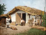 Lemne pentru foc by Ludovic Bassarab, ulei pe carton, sold Sep 2019