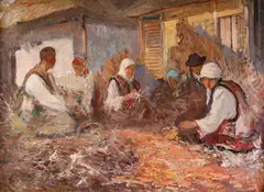 Clacă la porumb by Honoriu Creţulescu, 1937, ulei pe pânză, sold Sep 2019