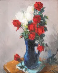 Trandafiri by Leon Biju, 1963, ulei pe carton, sold Sep 2019