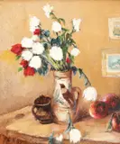 Canceu cu flori by Leon Biju, ulei pe carton, sold Sep 2019