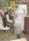 Țărăncuță cu fuior by Leon Biju, ulei pe pânză, sold Sep 2019