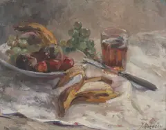 Natură statică cu struguri, cuțit și pahar cu vin by Jean Niţescu, ulei pe carton, sold Sep 2019