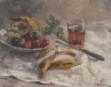 Jean Niţescu, Natură statică cu struguri, cuțit și pahar cu vin, ulei pe carton