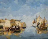 Sat de pescari by Rudolf Négely, ulei pe pânză, sold Sep 2019