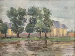 Yvonne Hasan, Case pe malul lacului, 1965, ulei pe pânză