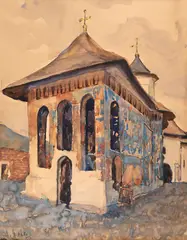 Biserica satului by Maria Brateş Pillat, acuarelă pe hârtie, sold Sep 2019
