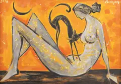 Ioan Horea Bompa, Nud cu pisică, 2016, ulei pe pânză
