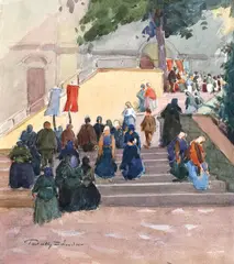 Pataky Sandor, La promenadă, acuarelă pe hârtie
