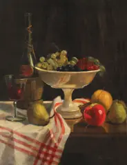 Árpád Romek, Natură statică cu struguri și pahar cu vin, ulei pe pânză