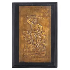 Eugène Delaplanche, "Focul" - placă decorativă realizată de Eugène Delaplanche, din bronz, sfârșitul sec. XIX, bronz turnat, cizelat; lemn