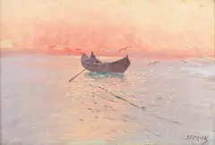 Plecarea în larg by Dimitrie Florian, ulei pe carton, sold Sep 2019