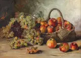 Natură statică cu struguri și mere by Elena Müller-Stăncescu, ulei pe carton, sold Sep 2019