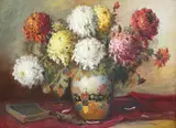 Natură statică cu crizanteme şi carte by Elena Müller-Stăncescu, ulei pe carton, sold Sep 2019
