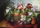 Coș cu primule by Elena Müller-Stăncescu, ulei pe carton, sold Sep 2019