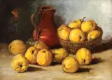 Natură statică cu gutui by Elena Müller-Stăncescu, ulei pe carton, sold Sep 2019