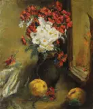Natură statică cu flori și gutui by Leon Biju, ulei pe pfl, sold Sep 2019