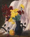 Natură statică cu flori și gutuie by Leon Biju, ulei pe carton, sold Sep 2019