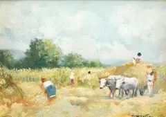 Strânsul fânului by Constion, ulei pe carton, sold Sep 2019