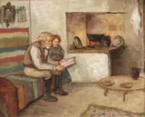 Povești la gura vetrei by Gheorghe Zamphiropol-Dall, 1919, ulei pe carton, sold Sep 2019