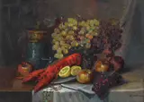 Petre Bărcănescu, Natură statică cu homar si fructe, ulei pe carton