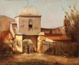 Tudor Vulcana, În curtea mănăstirii, ulei pe pânză lipită pe carton