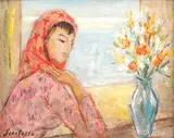 La fereastră by Paul Scorţescu, 1938, ulei pe carton, sold Sep 2019
