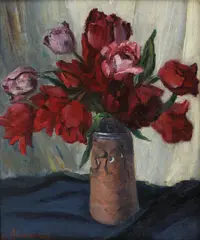 Vas cu lalele by Grigore Manea, ulei pe carton, sold Sep 2019