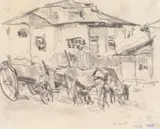 Rudolf Schweitzer–Cumpăna, Târg la Râmnicu Sărat, 1937, creion pe hârtie