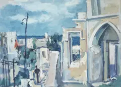 Eugen Ispir, Stradă în Grecia, acuarelă și tempera pe hârtie