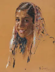 Tânără cu basma by Ghelman Lazăr, 1940, ulei pe carton subțire, sold Sep 2019