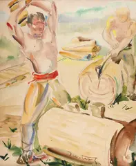 Gheorghe Juster, Tăietorii de lemne, acuarelă pe hârtie