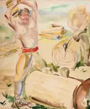 Gheorghe Juster, Tăietorii de lemne, acuarelă pe hârtie
