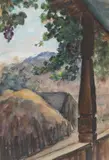 Samuel Mützner, Vedere din pridvor, acuarelă și cărbune pe hârtie