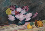 Elena Moisescu, Natură statică cu anemone și gutui, 1964, ulei pe carton