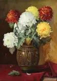 Vas cu crizanteme by Elena Müller-Stăncescu, ulei pe carton, sold Sep 2019