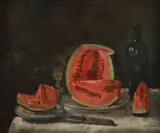 Adela Jean, Natură statică cu lubeniță și sticlă de vin, ulei pe pânză